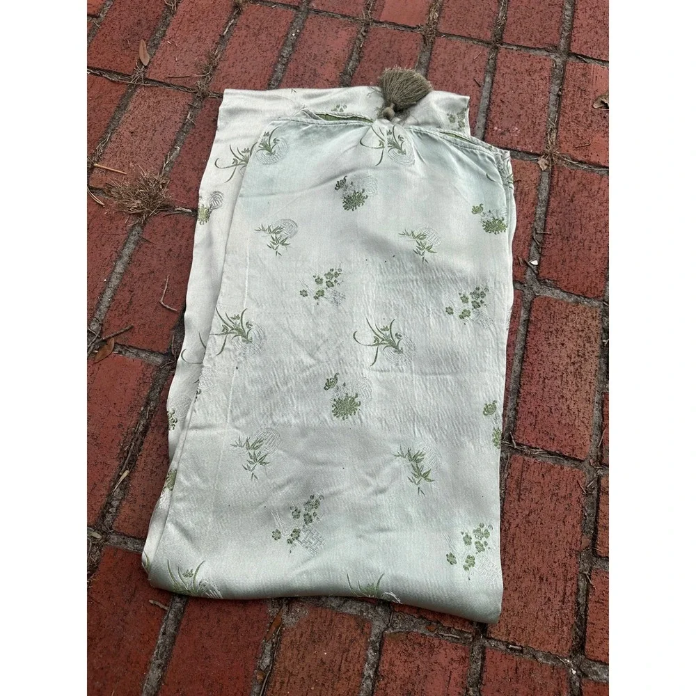 Vintage Chinese Silk Brocade Table Runner Sage Green Floral Bamboo Tassels 29x14
